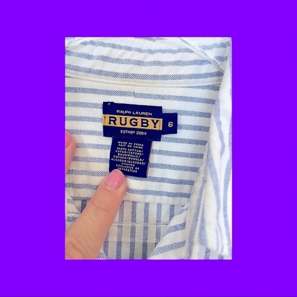 𝅺RUGBY Ralph Lauren 6 Medium Small polo shirt button collar top blouse stripe - Picture 3 of 6